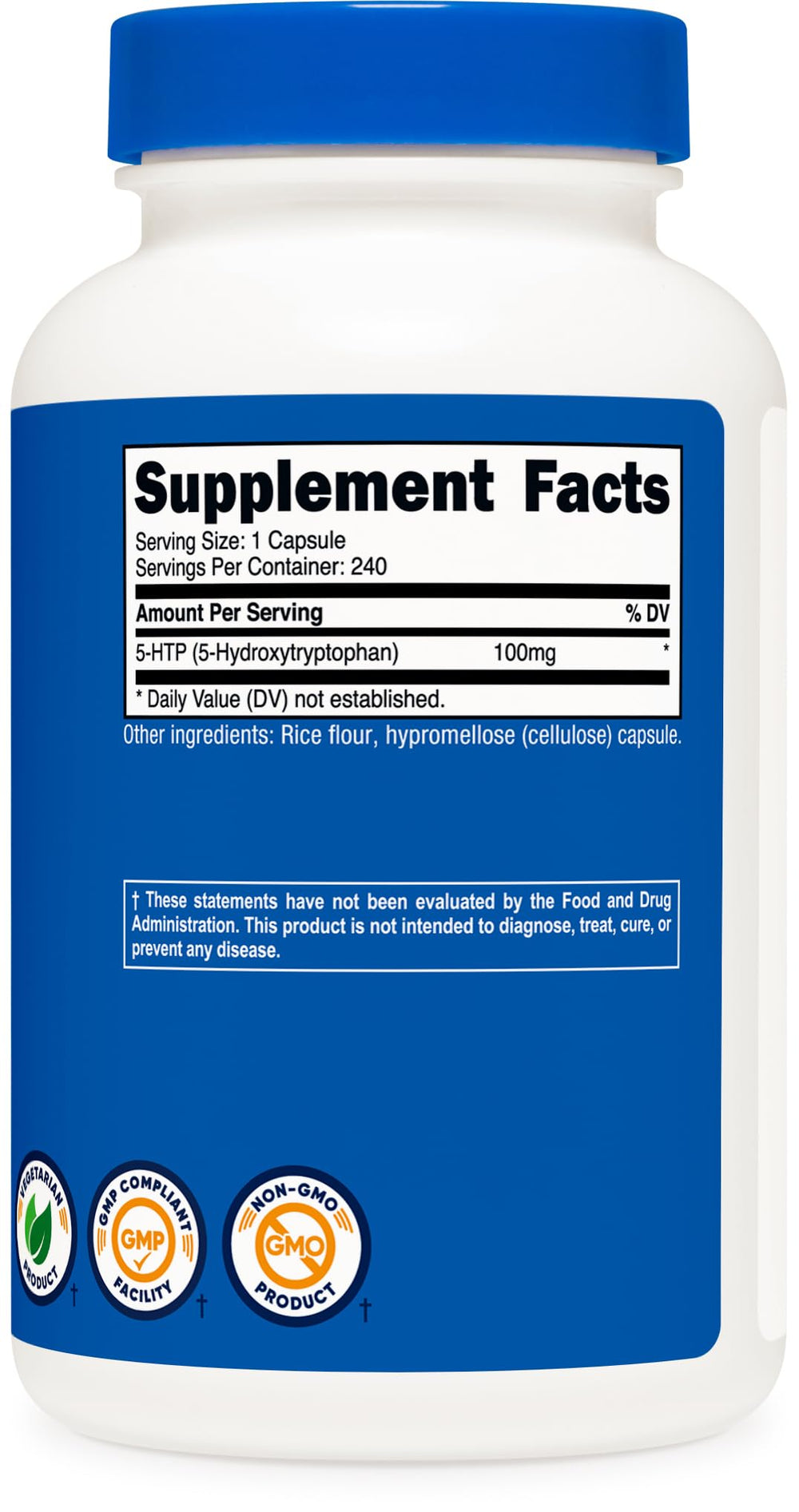 Nutricost 5-HTP bottles show US-made label and GMP compliance