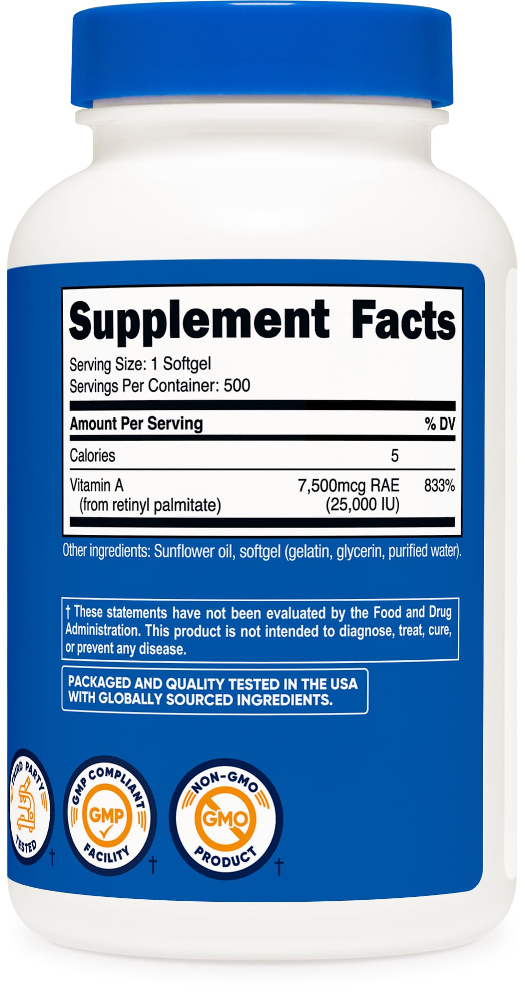 Nutricost Vitamin A bottle back label showing Non-GMO and Gluten Free notes