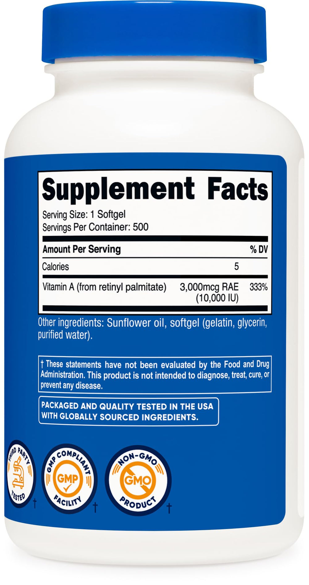 GMP-compliant Nutricost Vitamin A label with third-party testing seal.