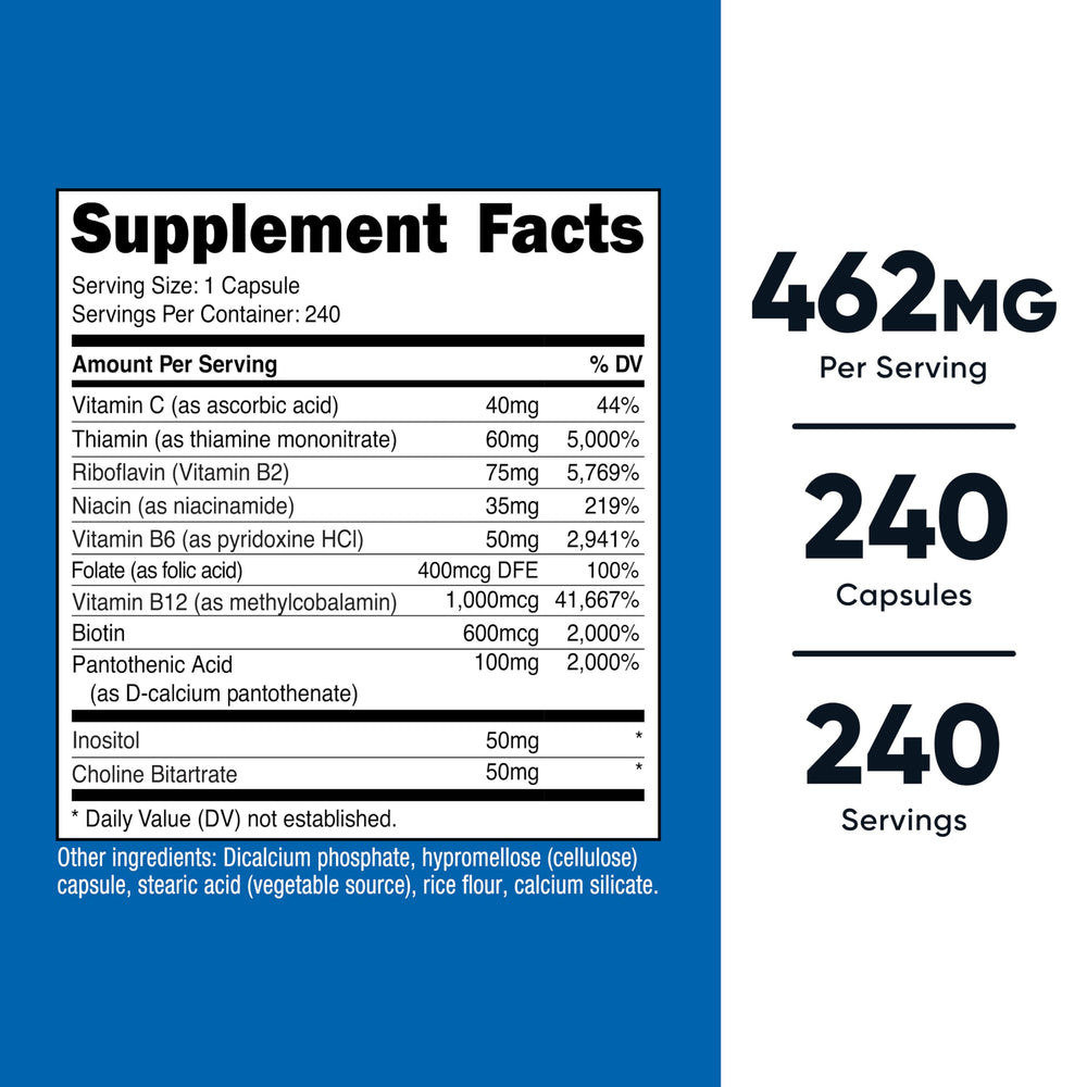 Closeup of Nutricost Vitamin B Complex capsules for consistent daily intake.