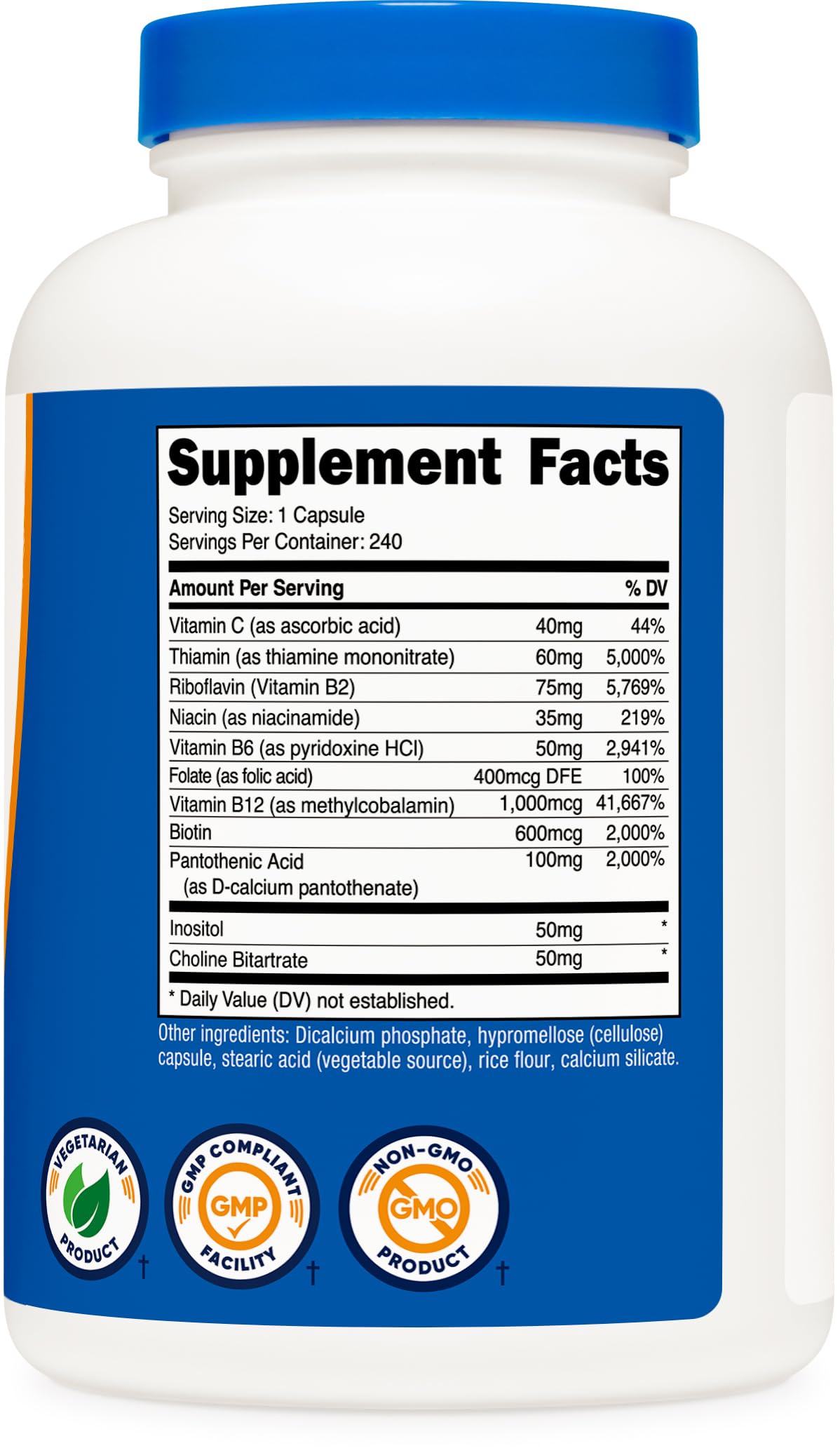 Nutricost Vitamin B Complex bottle with NSF facility seal signaling quality.
