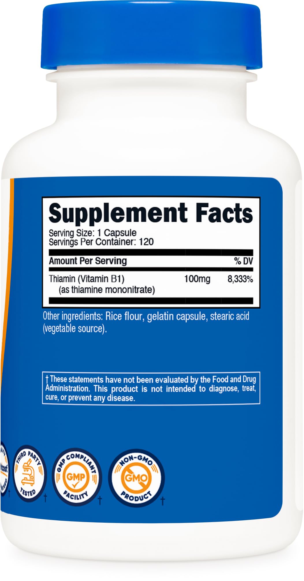 Nutricost Vitamin B1 bottle cap and seal, evidence of third-party testing and quality.