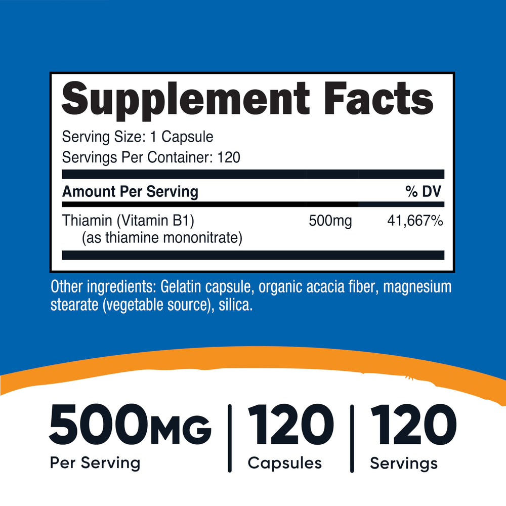 Nutricost Vitamin B1 capsules close-up highlighting 500mg potency.
