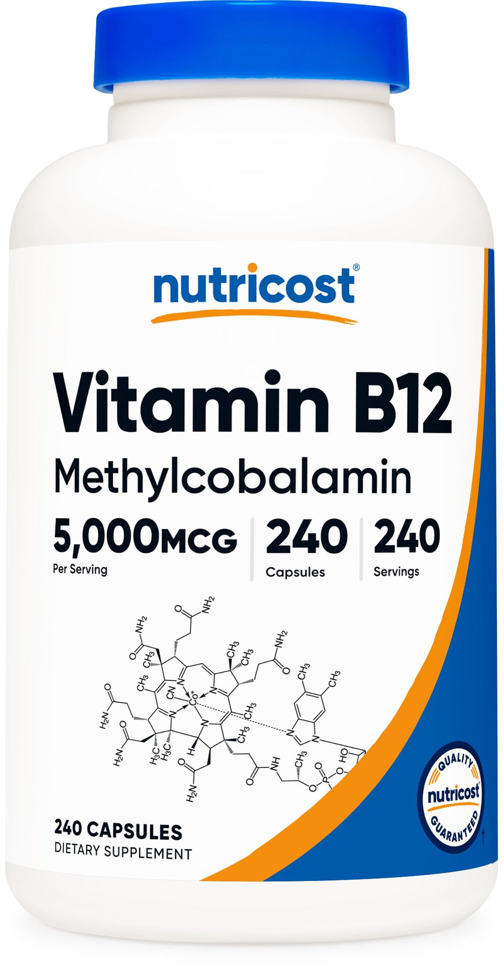 Nutricost Vitamin B12 bottle with 5000mcg for daily energy support.