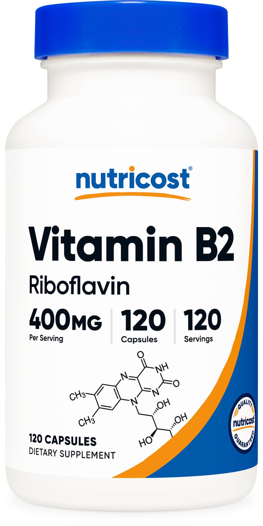 Nutricost Vitamin B2 bottle front view for 400 mg capsule strength