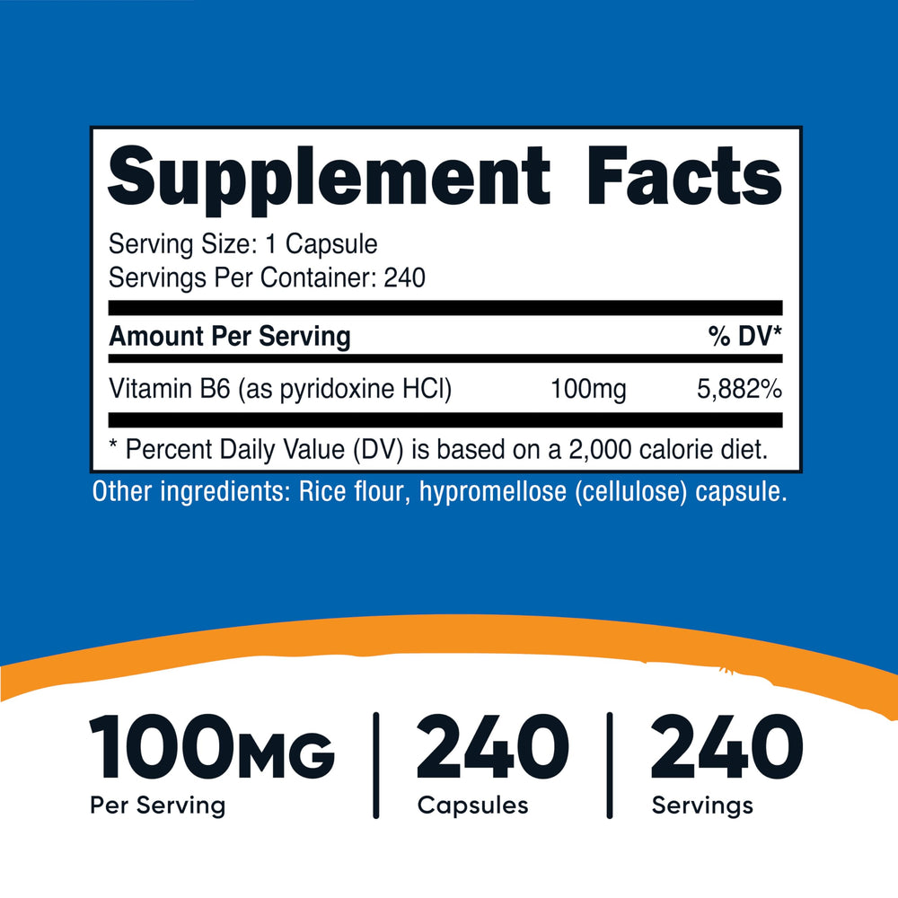 Close-up of Nutricost Vitamin B6 label showing 100 mg potency