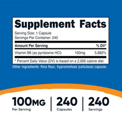 Close-up of Nutricost Vitamin B6 label showing 100 mg potency