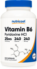 Nutricost Vitamin B6 25mg bottle close-up with non-GMO and gluten-free labeling