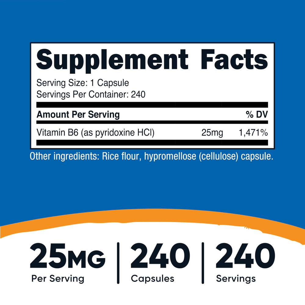 Nutricost Vitamin B6 25mg capsule close-up, 1-serving size for daily use