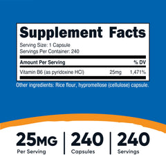 Nutricost Vitamin B6 25mg capsule close-up, 1-serving size for daily use