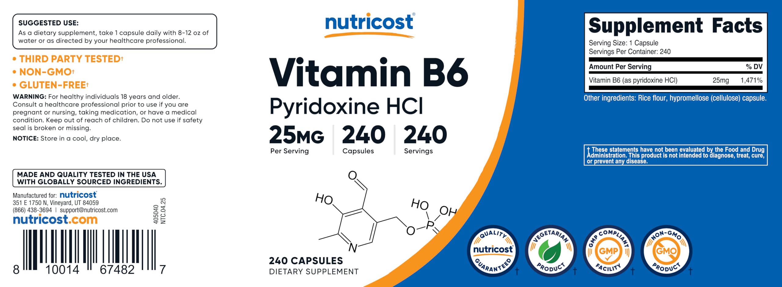Nutricost Vitamin B6 25mg packaging shown near FDA-registered facility context