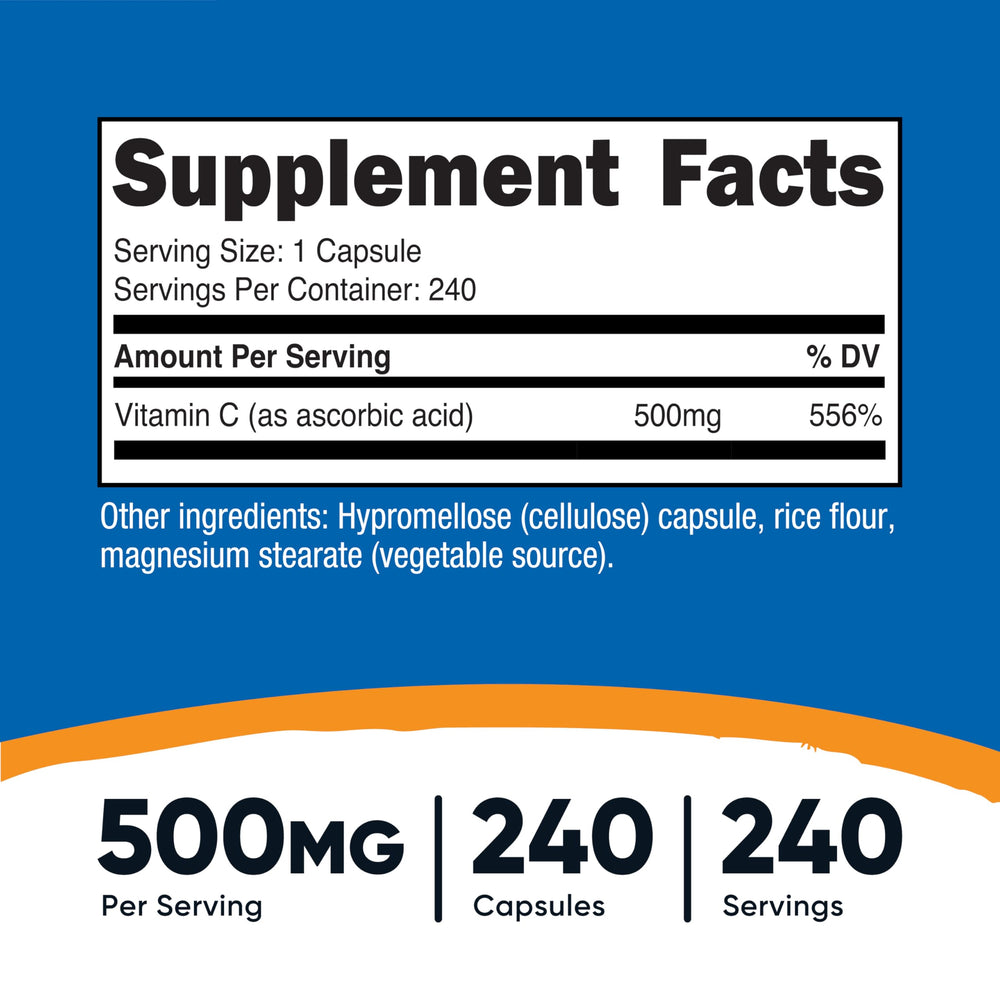 Nutricost Vitamin C 500mg capsules-closeup showing easy daily intake