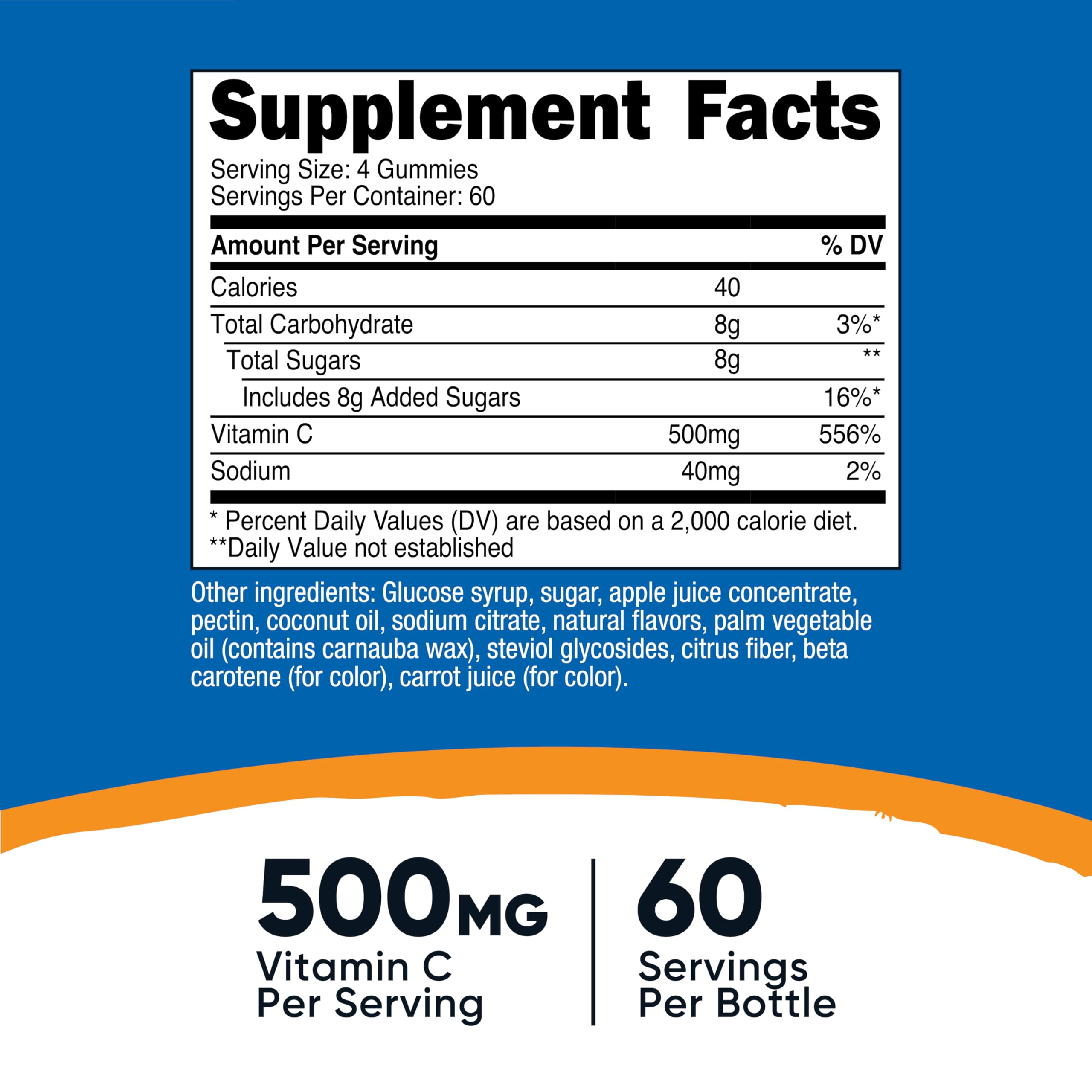 Nutricost Vitamin C Gummies bottle back label showing vegan, gluten-free ingredients.