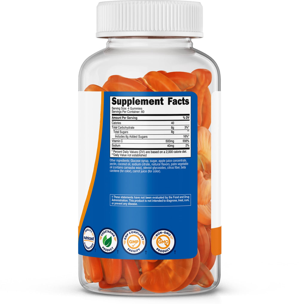 Nutricost Vitamin C Gummies natural flavors illustration suggests a tasty vegan option.