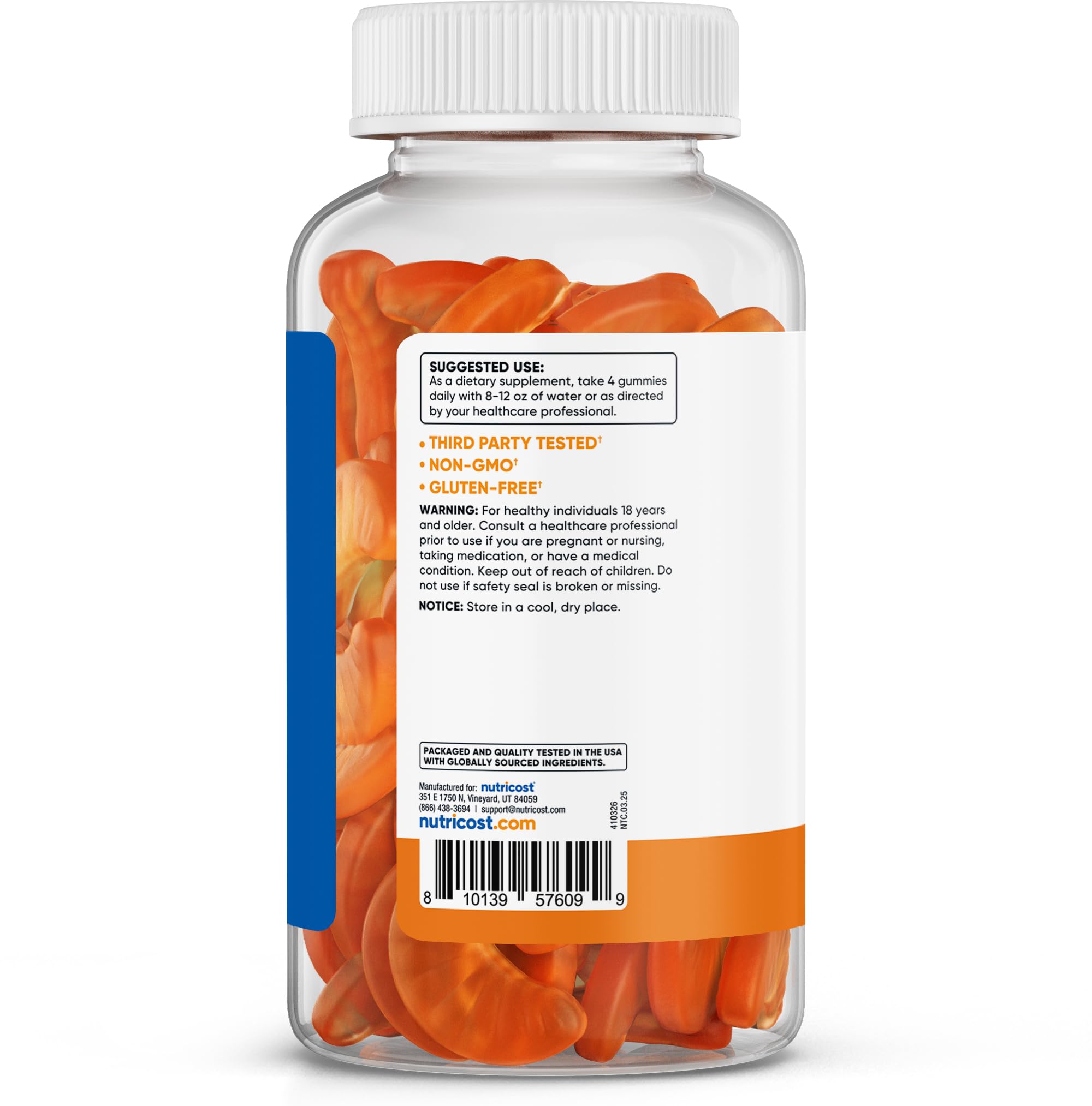 Nutricost Vitamin C Gummies serving desk display emphasizing 60 servings per bottle.