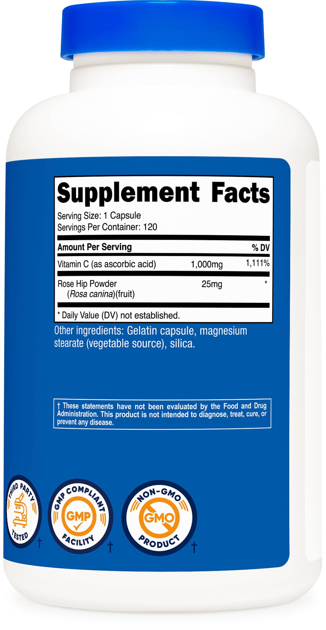 Nutricost third-party testing seal on vitamin C bottle