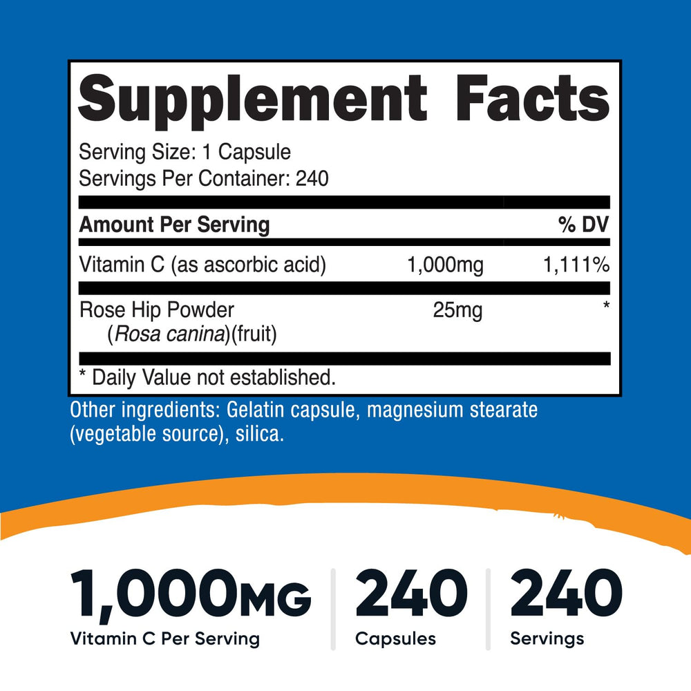 Nutricost Vitamin C with Rose HIPS capsules close-up—easy daily capsule