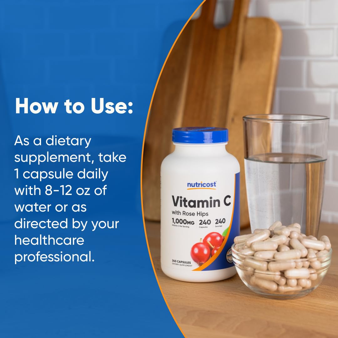 Nutricost Vitamin C with Rose HIPS ingredients list—rose hips included