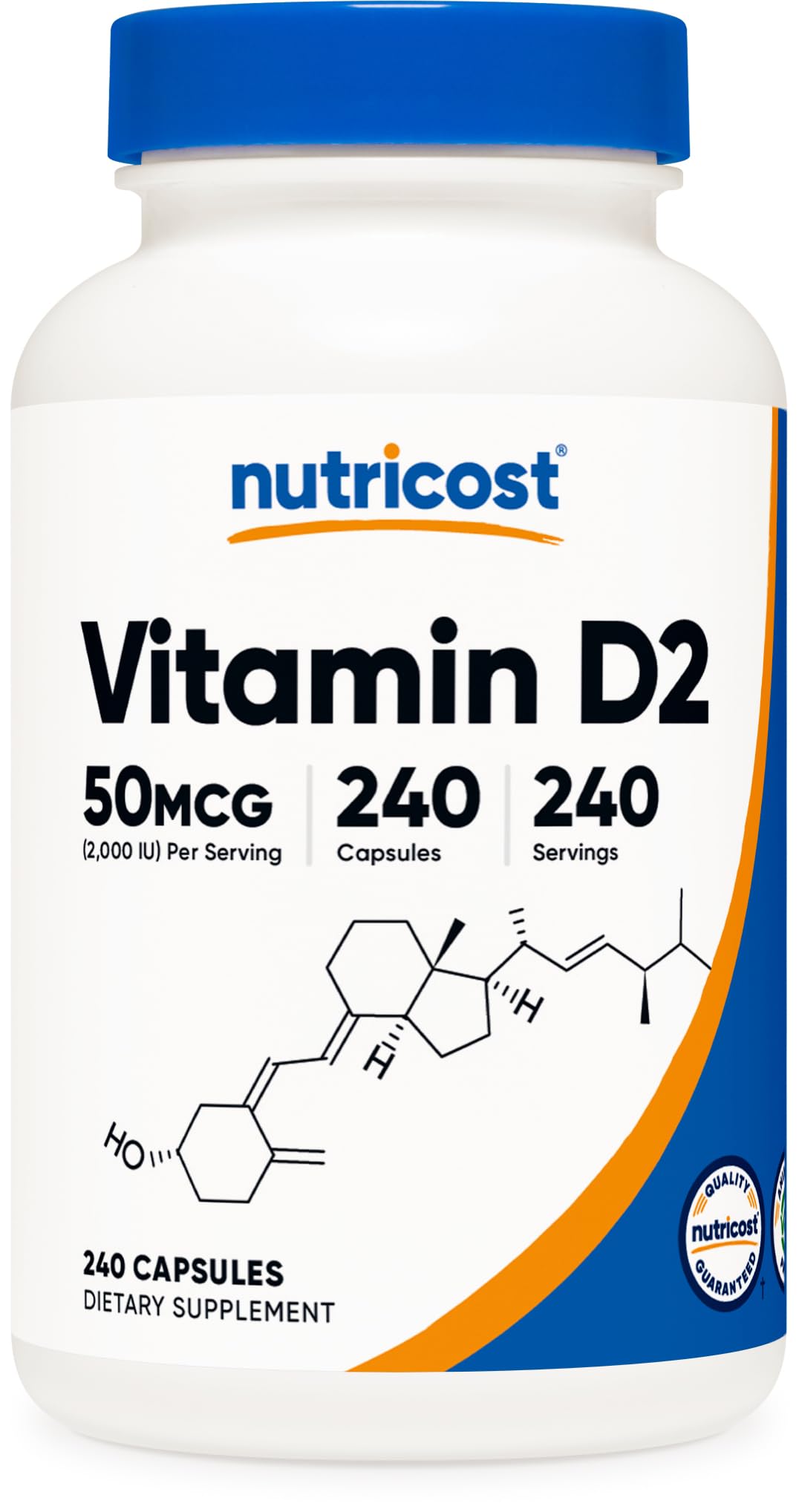 Nutricost Vitamin D2 bottle front view, vegan formula supporting daily wellness.