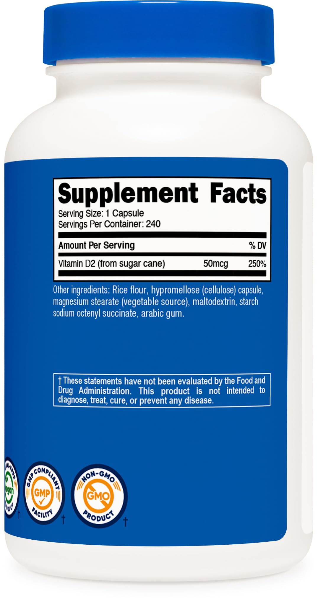 Nutricost Vitamin D2 bottle beside glass, ideal for daily routines indoors or outdoors.