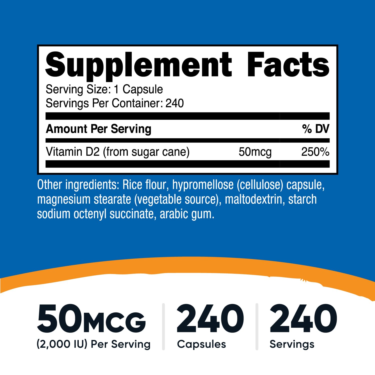 Nutricost Vitamin D2 capsules close-up, easy-to-swallow dose for everyday health.