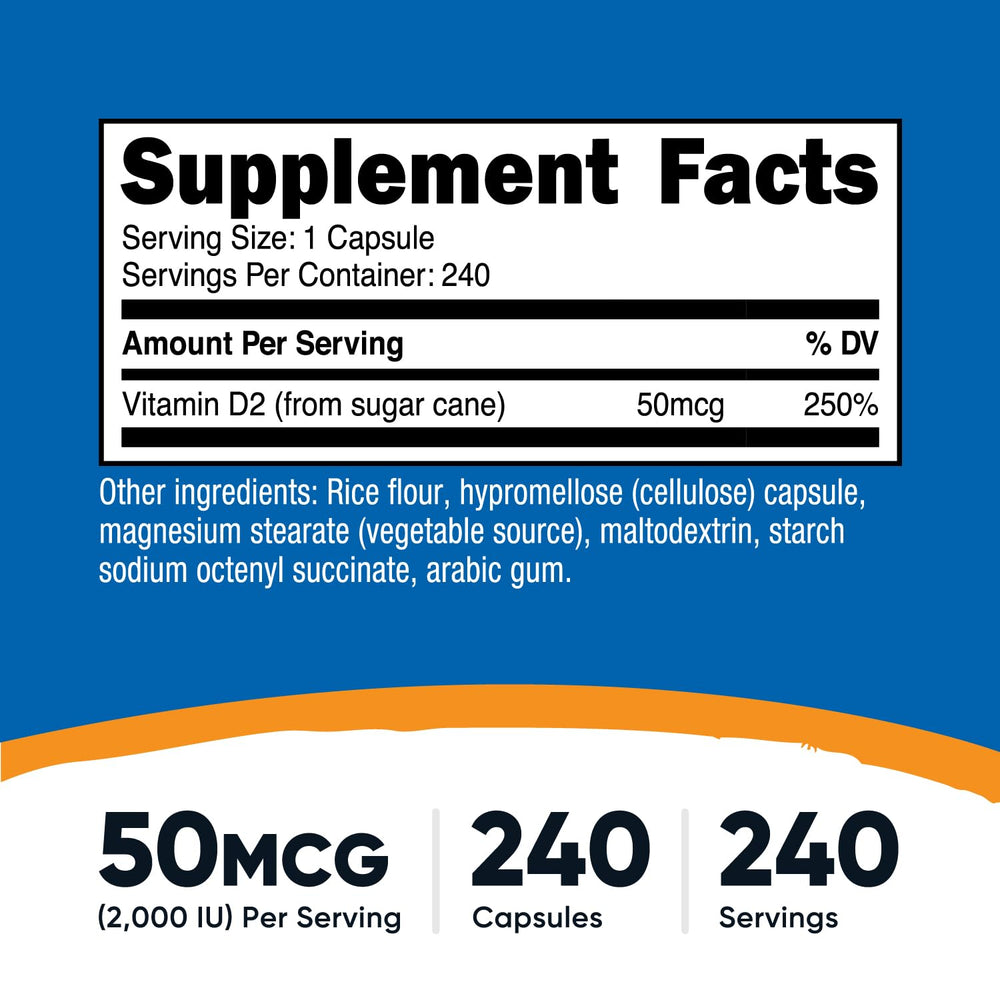 Nutricost Vitamin D2 capsules close-up, easy-to-swallow dose for everyday health.