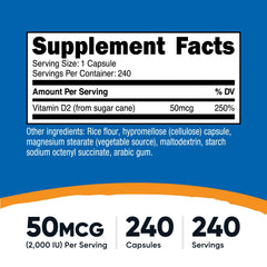 Nutricost Vitamin D2 capsules close-up, easy-to-swallow dose for everyday health.