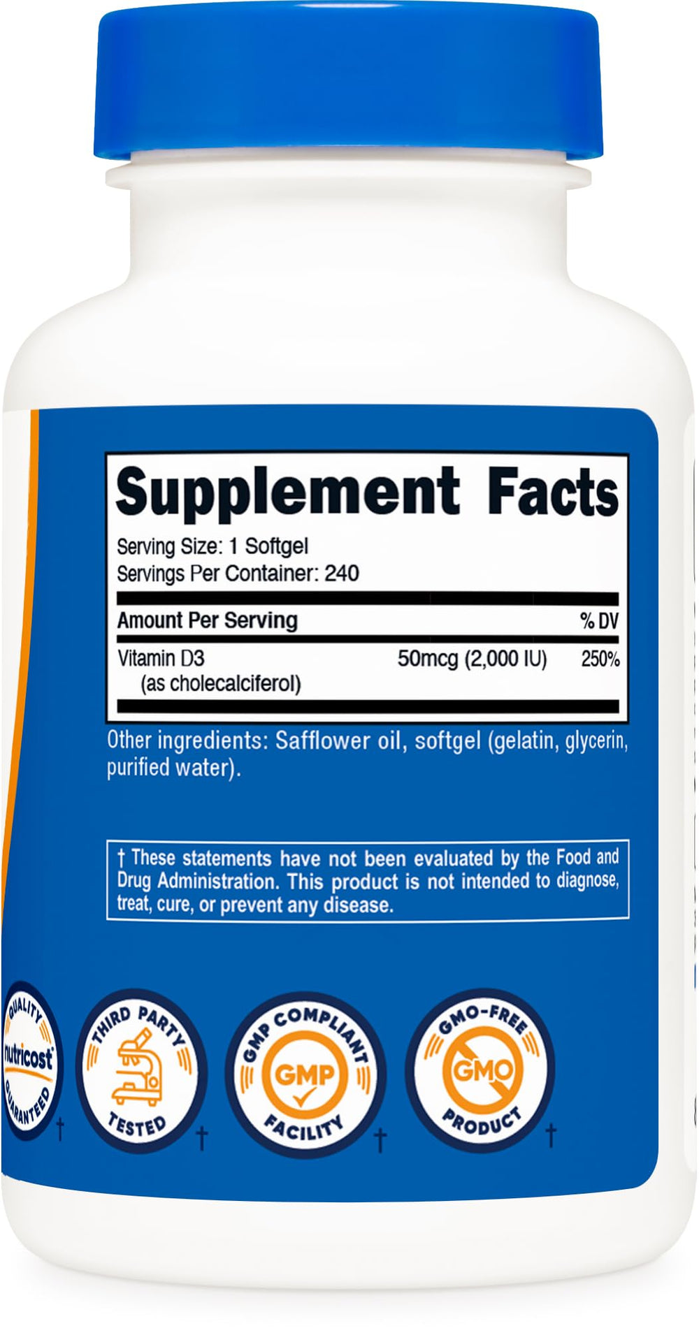 Nutricost Vitamin D3 2000IU facility image emphasizes GMP and FDA registration.