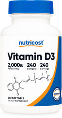 Nutricost Vitamin D3 2000IU softgel bottle for easy daily supplementation.