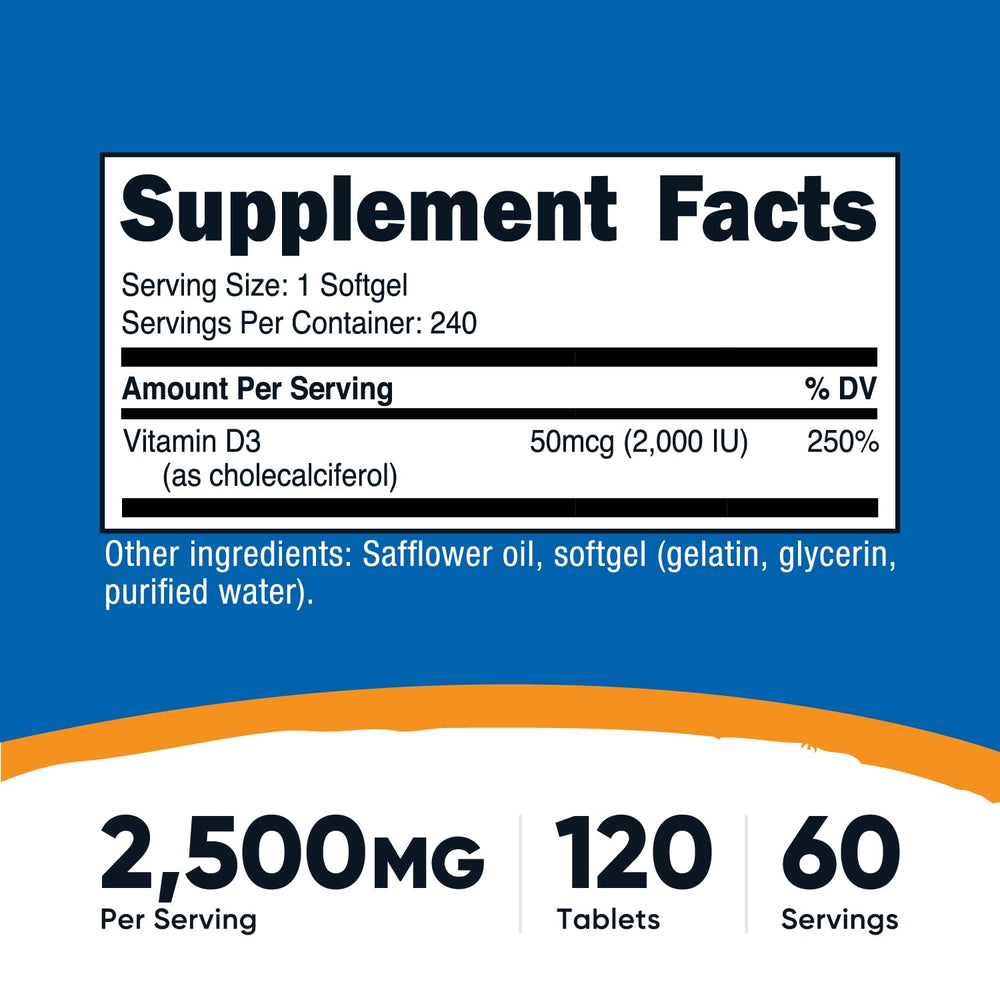 Closeup of Nutricost Vitamin D3 2000IU softgels showing smooth texture for easy swallowing.