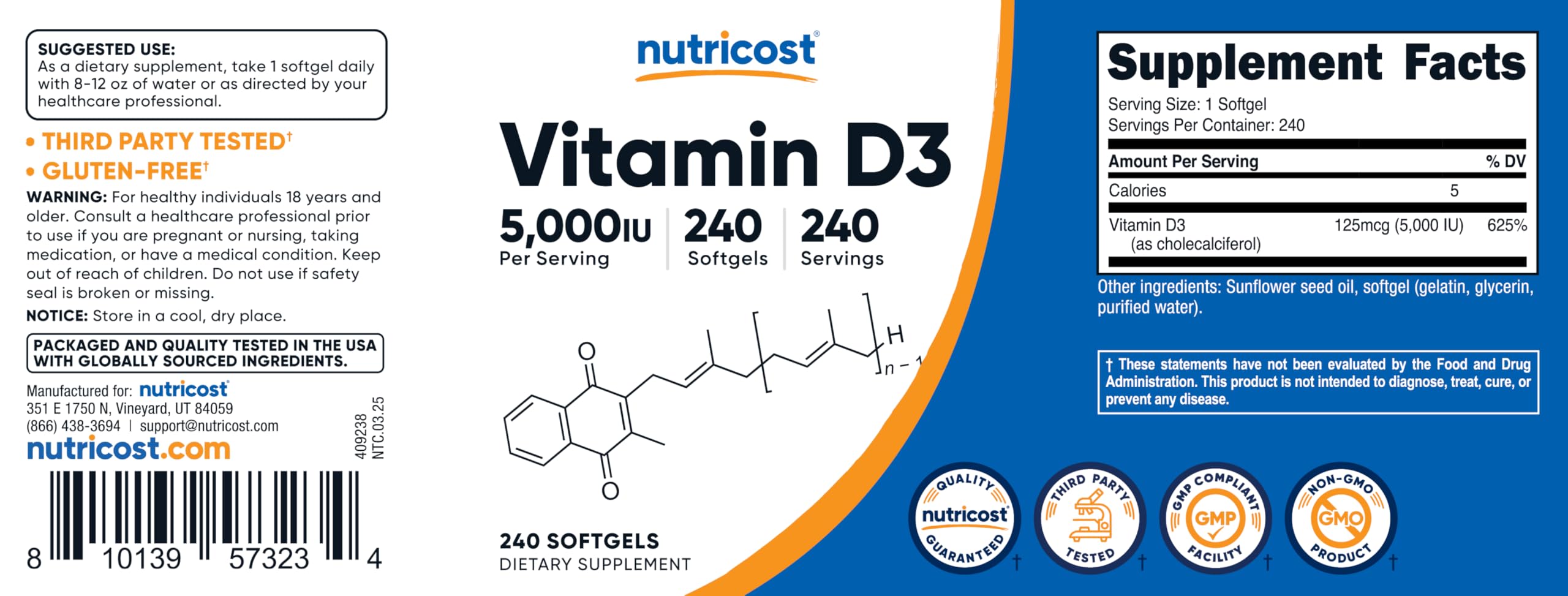Nutricost Vitamin D3 5000IU bottle pictured with NSF GMP facility context.