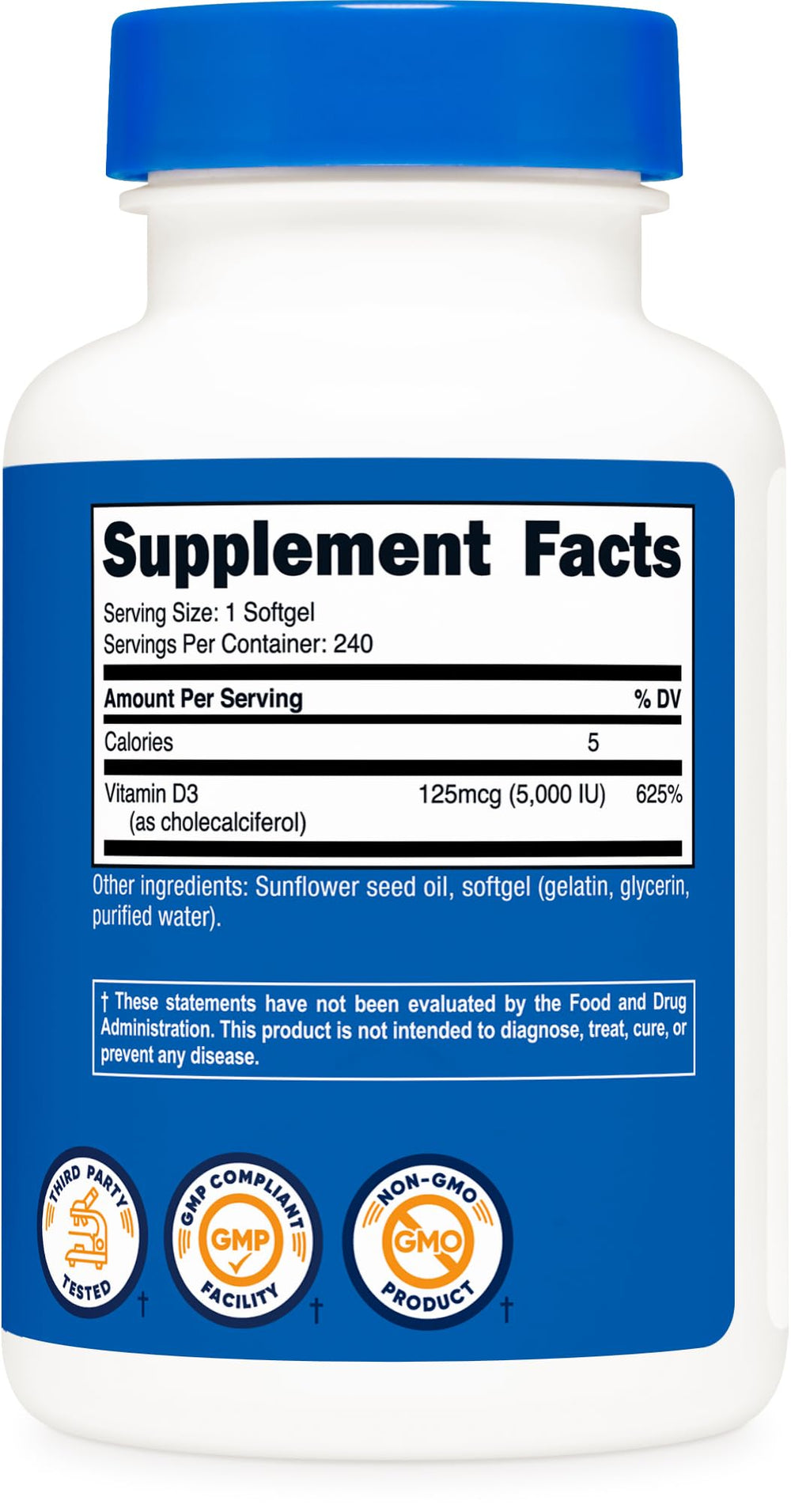 Nutricost Vitamin D3 5000IU packaging highlights non-GMO and gluten-free status.