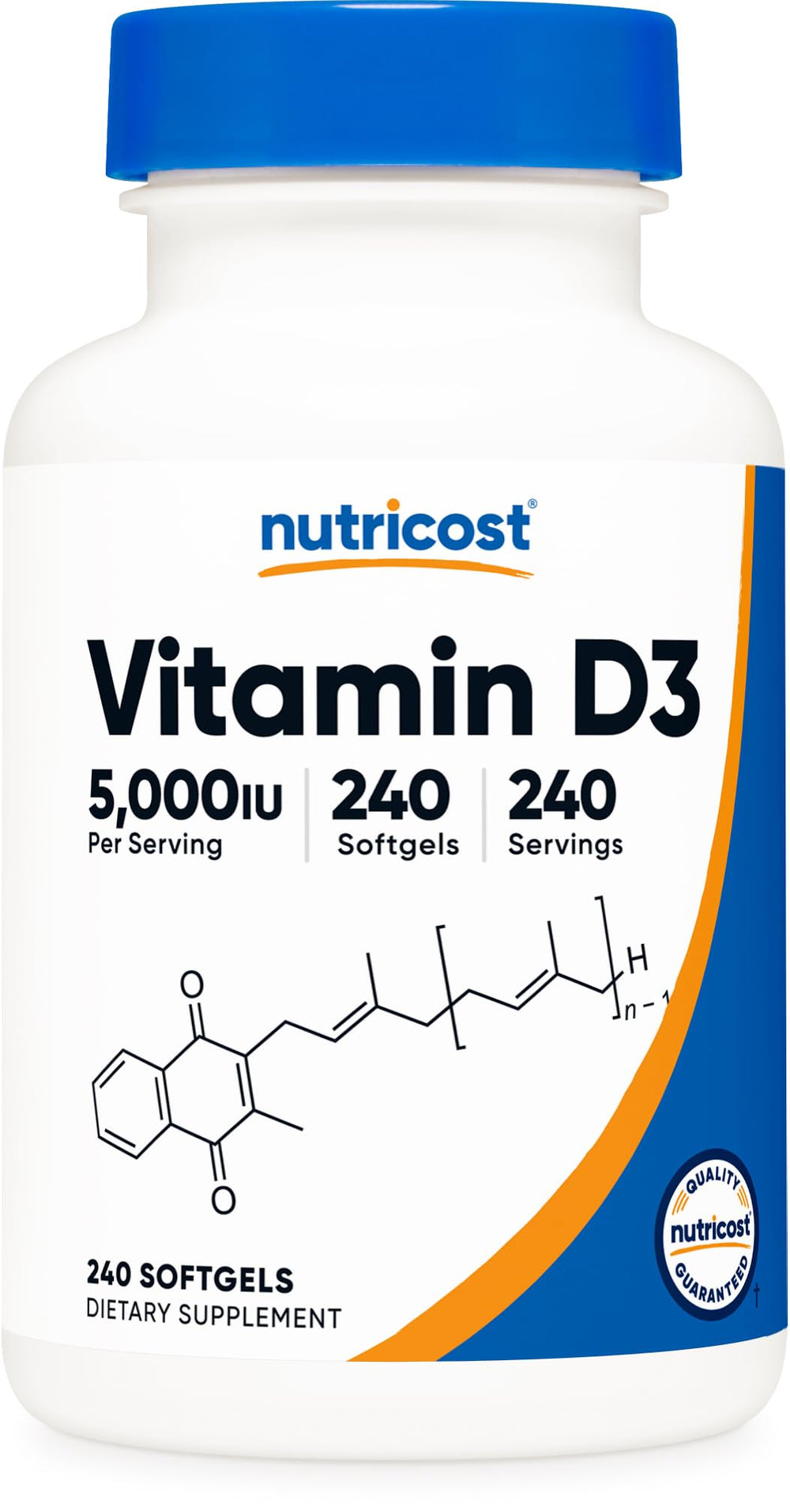 Nutricost Vitamin D3 5000IU softgels bottle for easy daily supplementation.