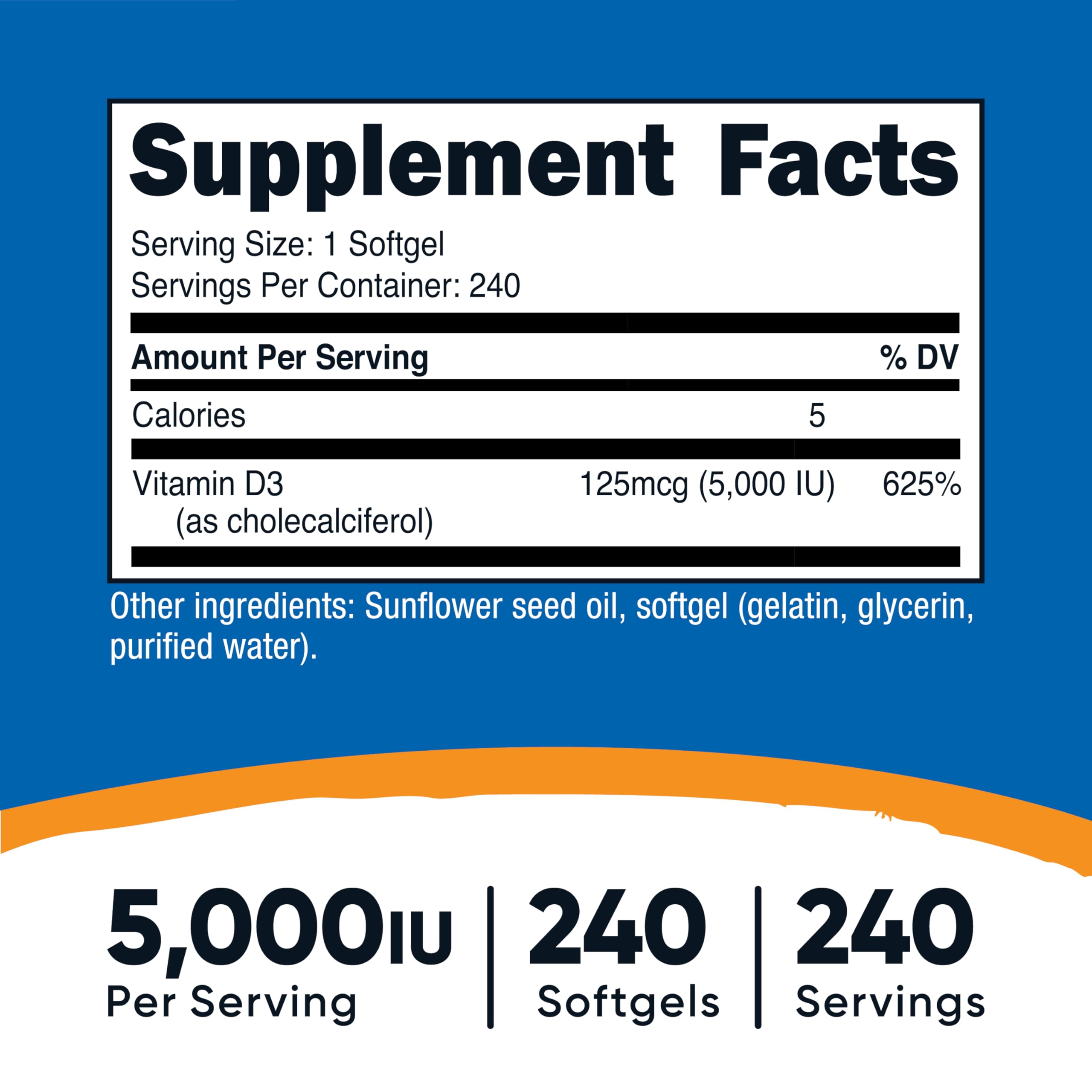 Nutricost Vitamin D3 5000IU label displaying serving size and ingredients.