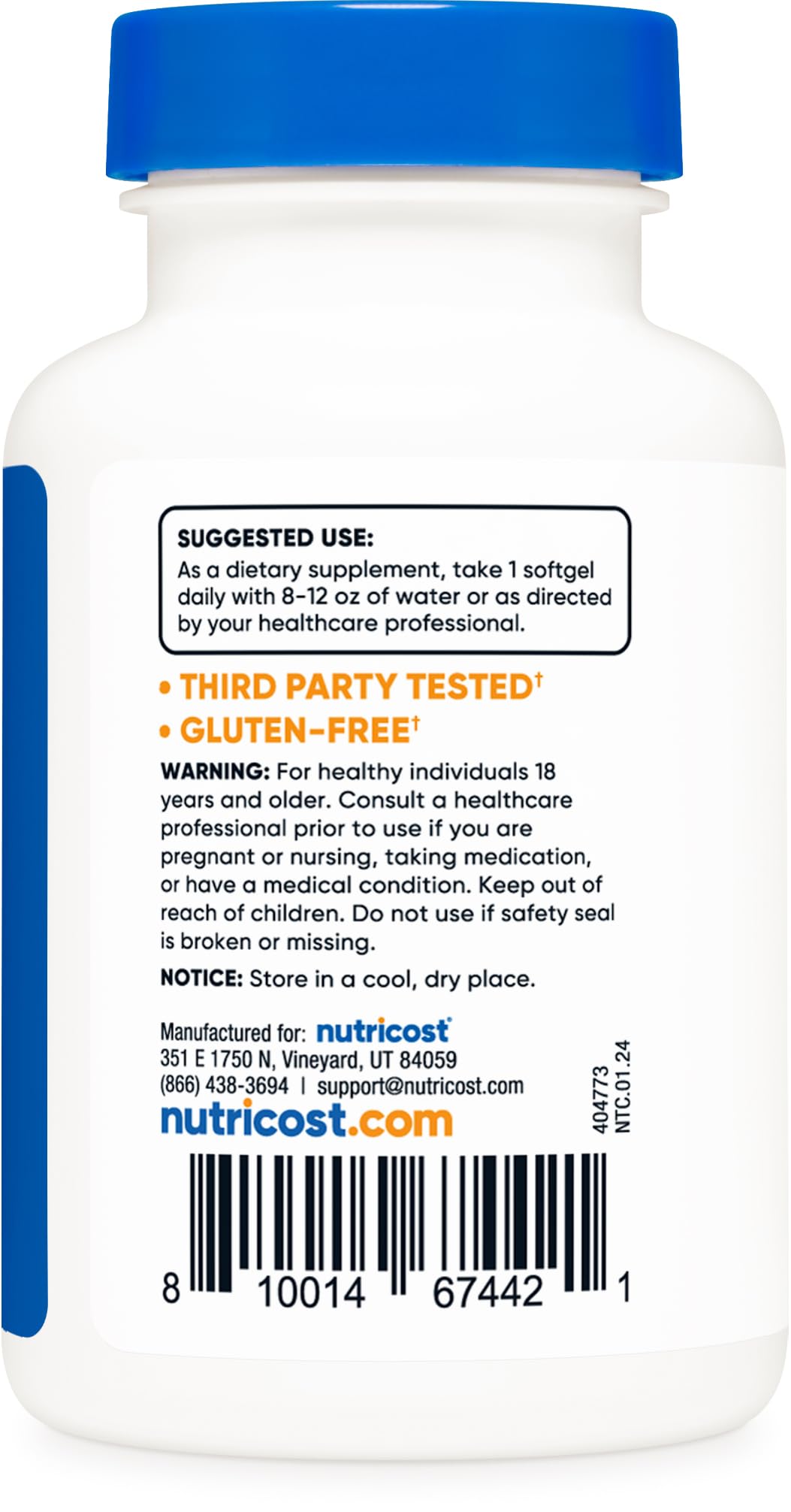Nutricost Vitamin D3 bottle beside a glass of water for easy daily intake