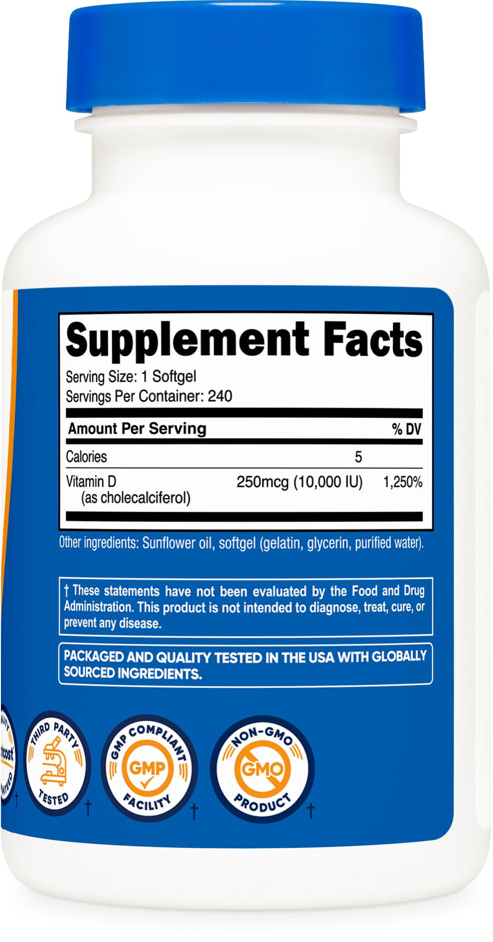 Nutricost Vitamin D3 bottle with gluten-free, non-GMO labels visible