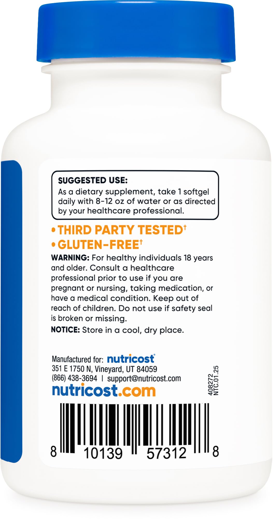 Nutricost Vitamin D3 certification seals indicating quality and safety standards