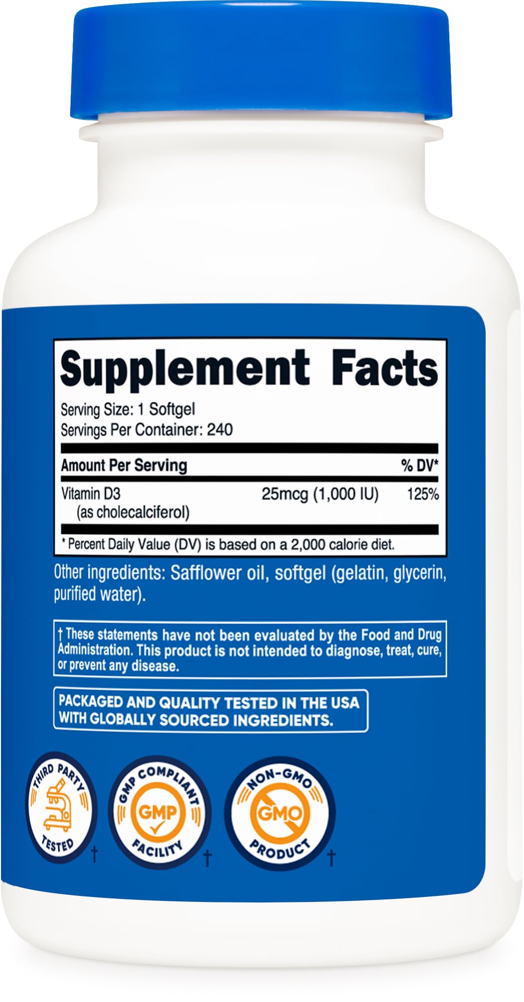Graphic showing 1 softgel per serving for Nutricost D3
