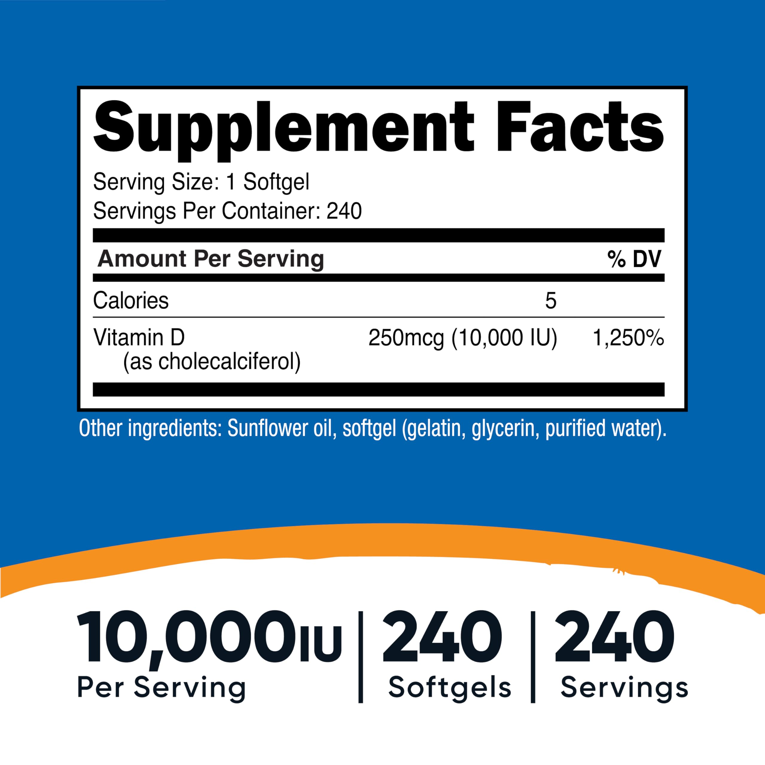 Closeup of Nutricost Vitamin D3 softgels showing dosage and texture