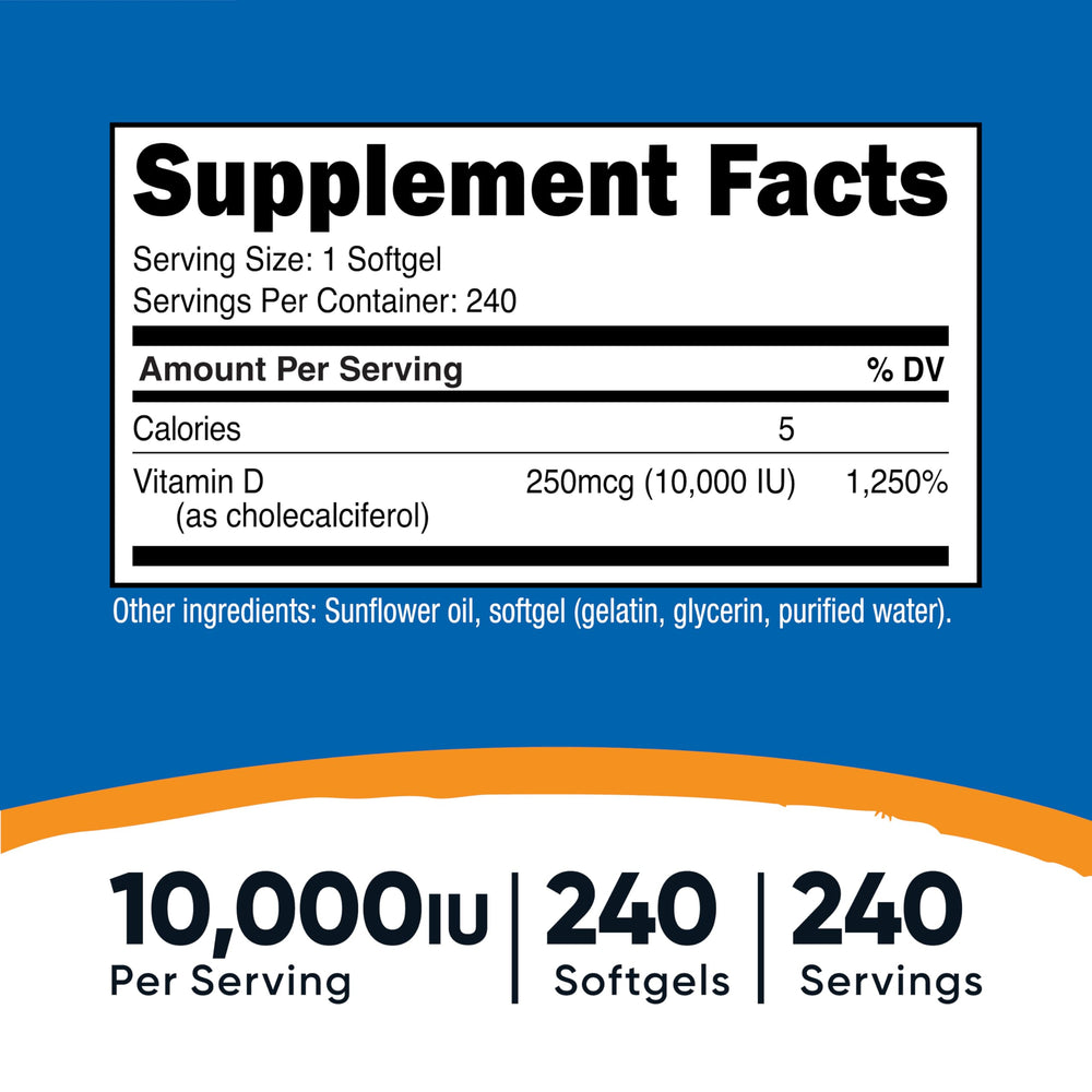 Closeup of Nutricost Vitamin D3 softgels showing dosage and texture