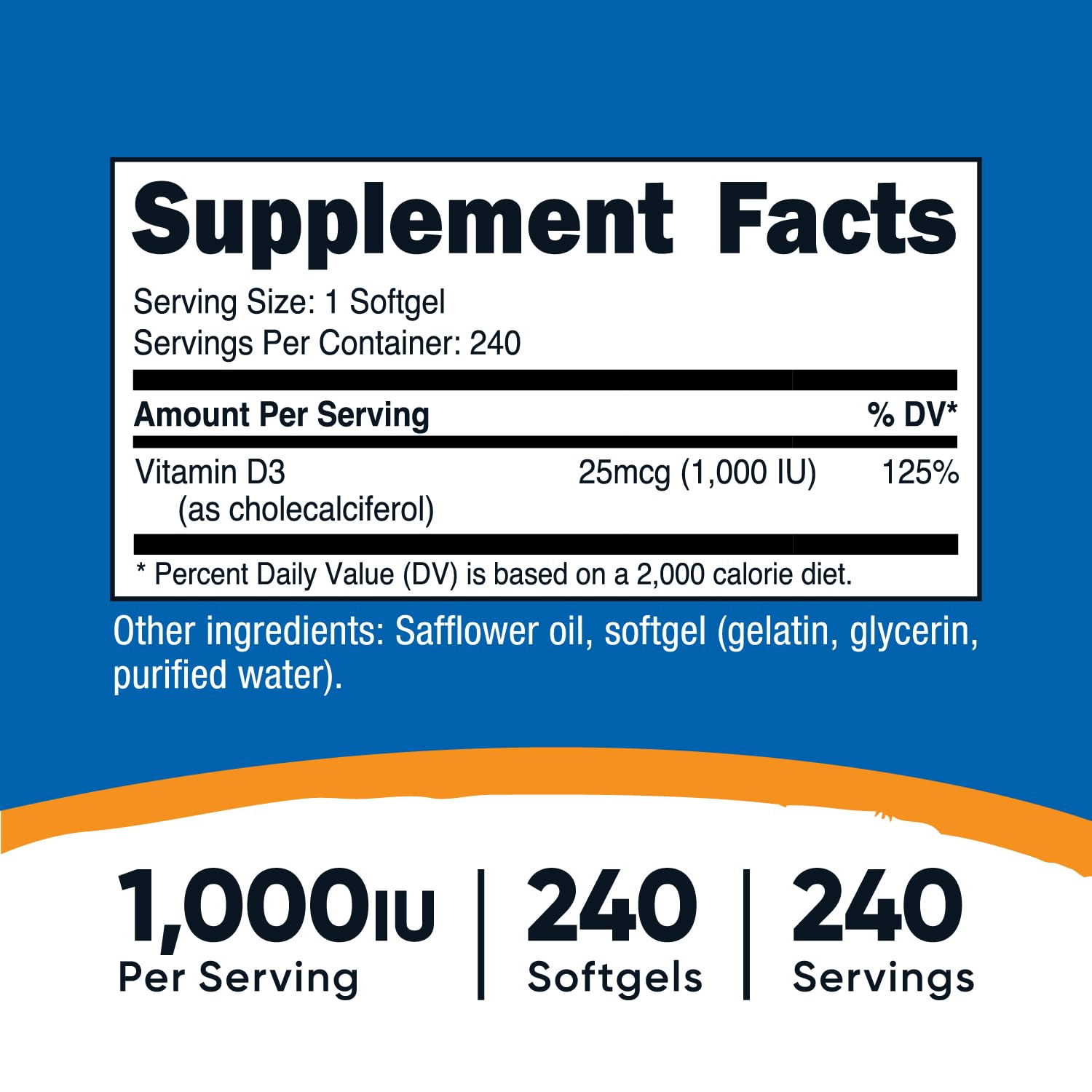 Close up of Nutricost Vitamin D3 softgels highlighting easy to swallow capsules