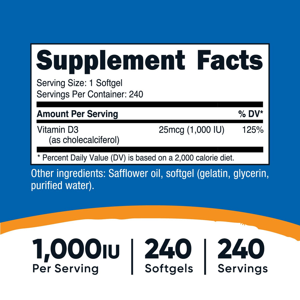 Close up of Nutricost Vitamin D3 softgels highlighting easy to swallow capsules