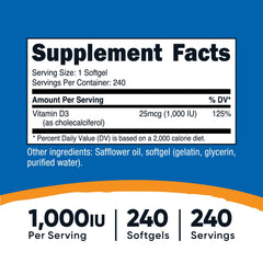 Close up of Nutricost Vitamin D3 softgels highlighting easy to swallow capsules