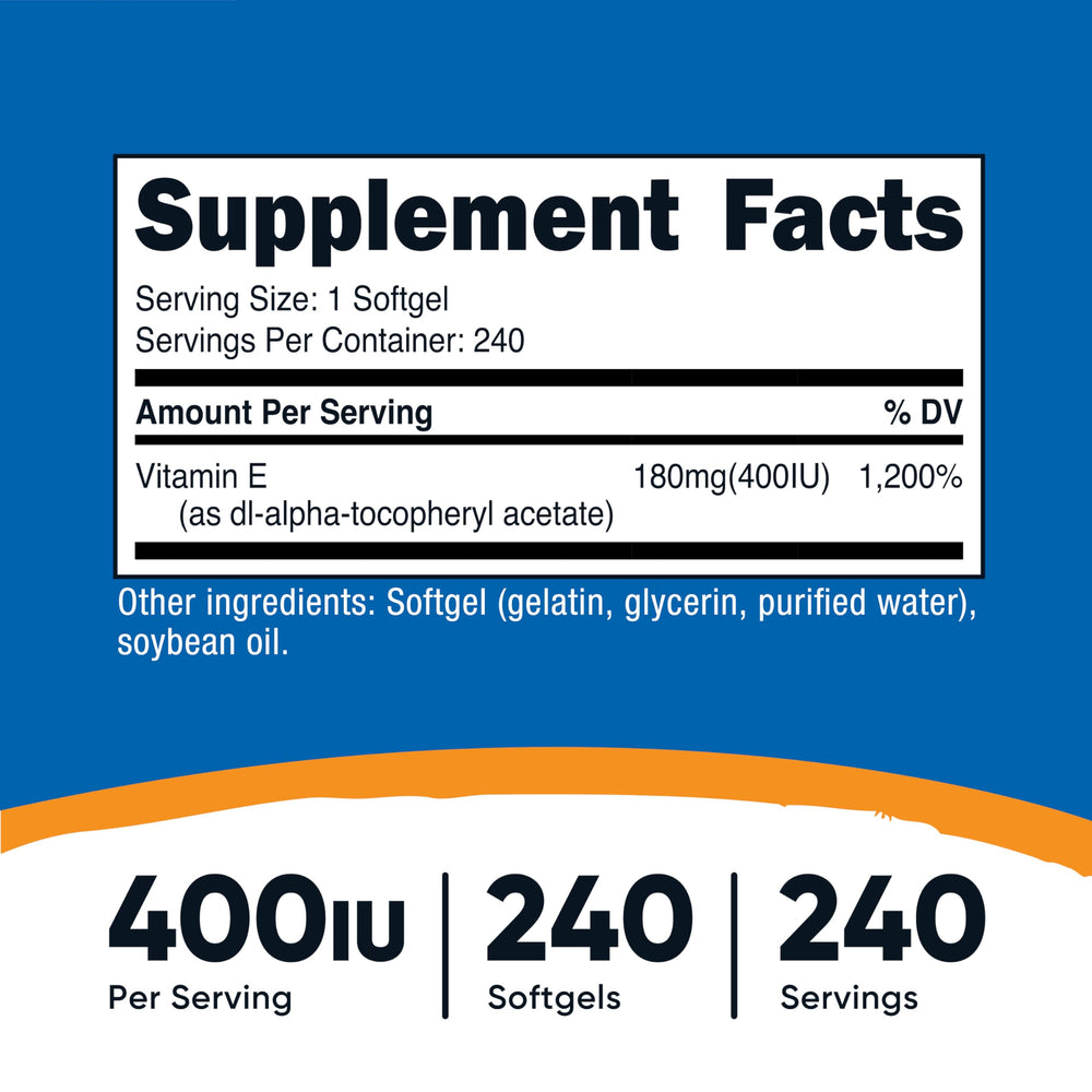 Nutricost Vitamin E softgels for easy daily use in gluten-free routines.