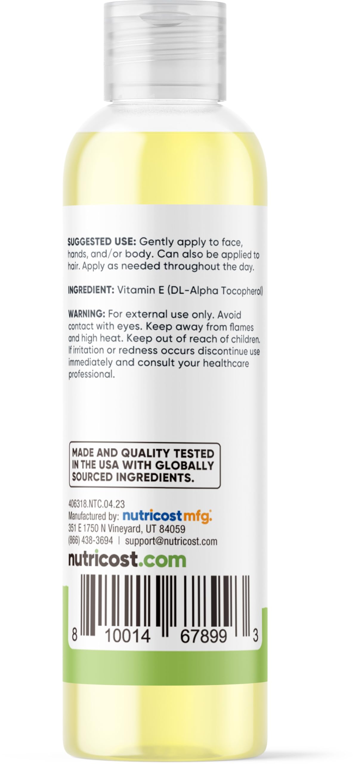 Closeup of Nutricost Vitamin E Oil showing absorption and smooth finish.