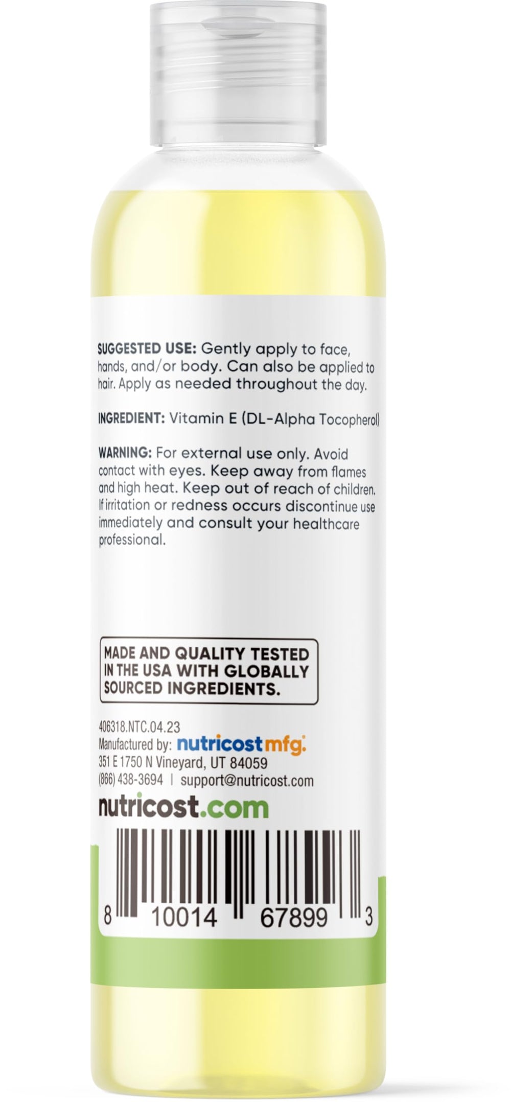 Closeup of Nutricost Vitamin E Oil showing absorption and smooth finish.