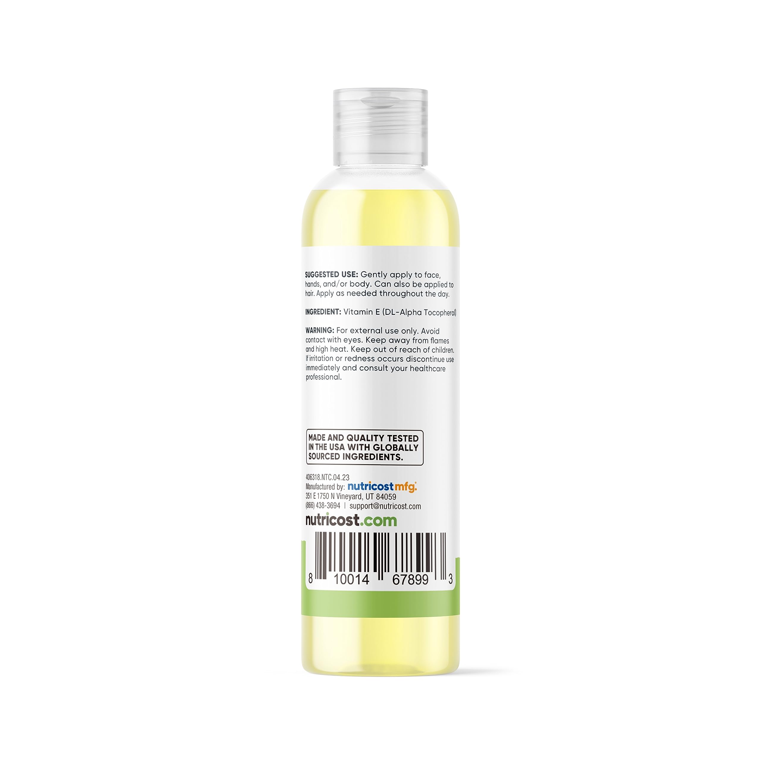 Packaging of Nutricost Vitamin E Oil with clear label and bottle.