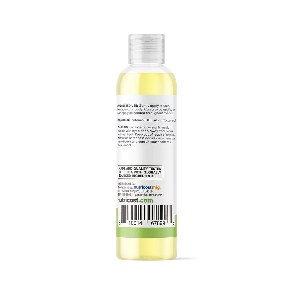 Packaging of Nutricost Vitamin E Oil with clear label and bottle.