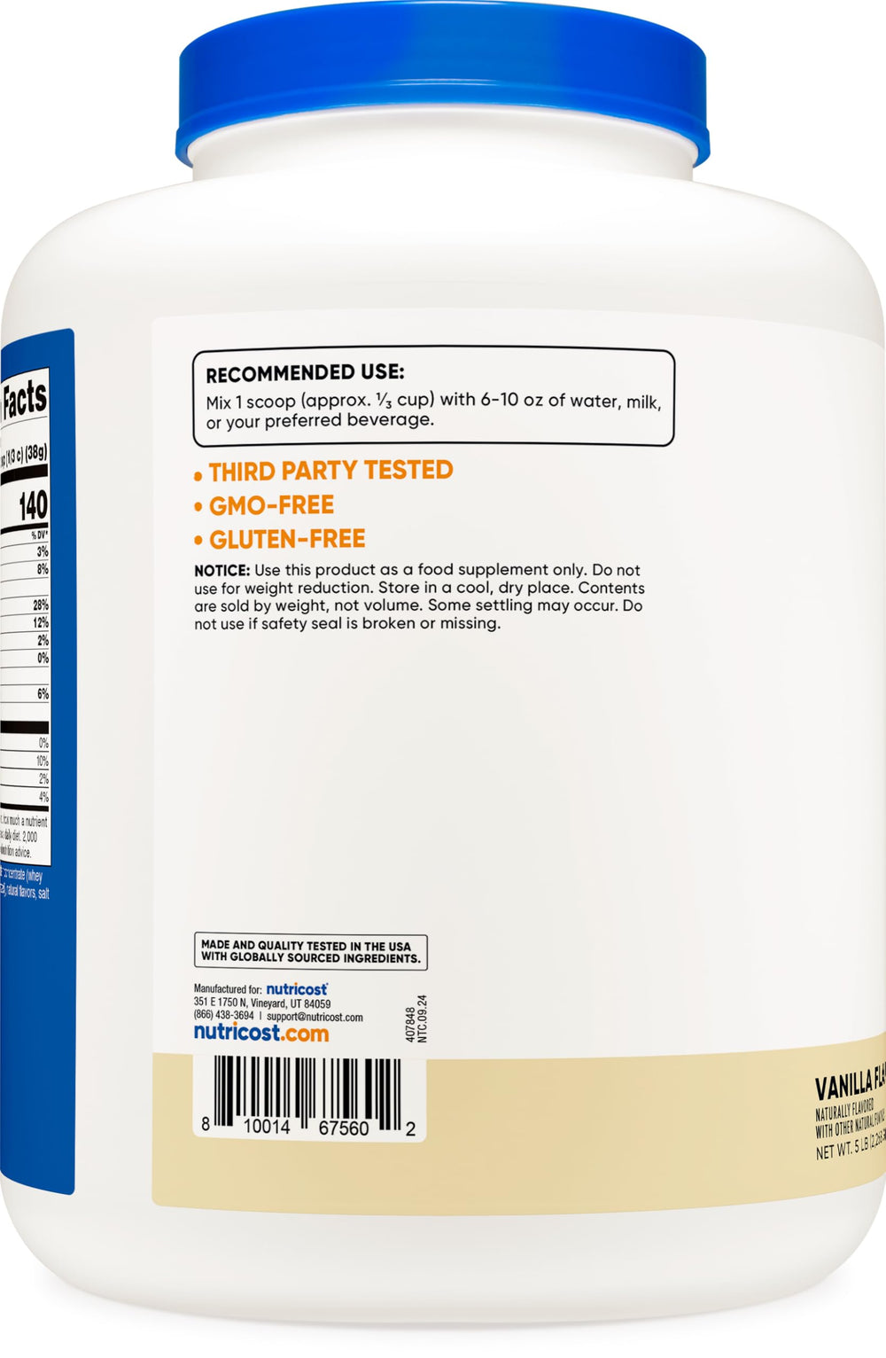 Nutricost whey 5lbs per bottle vanilla label showcased.