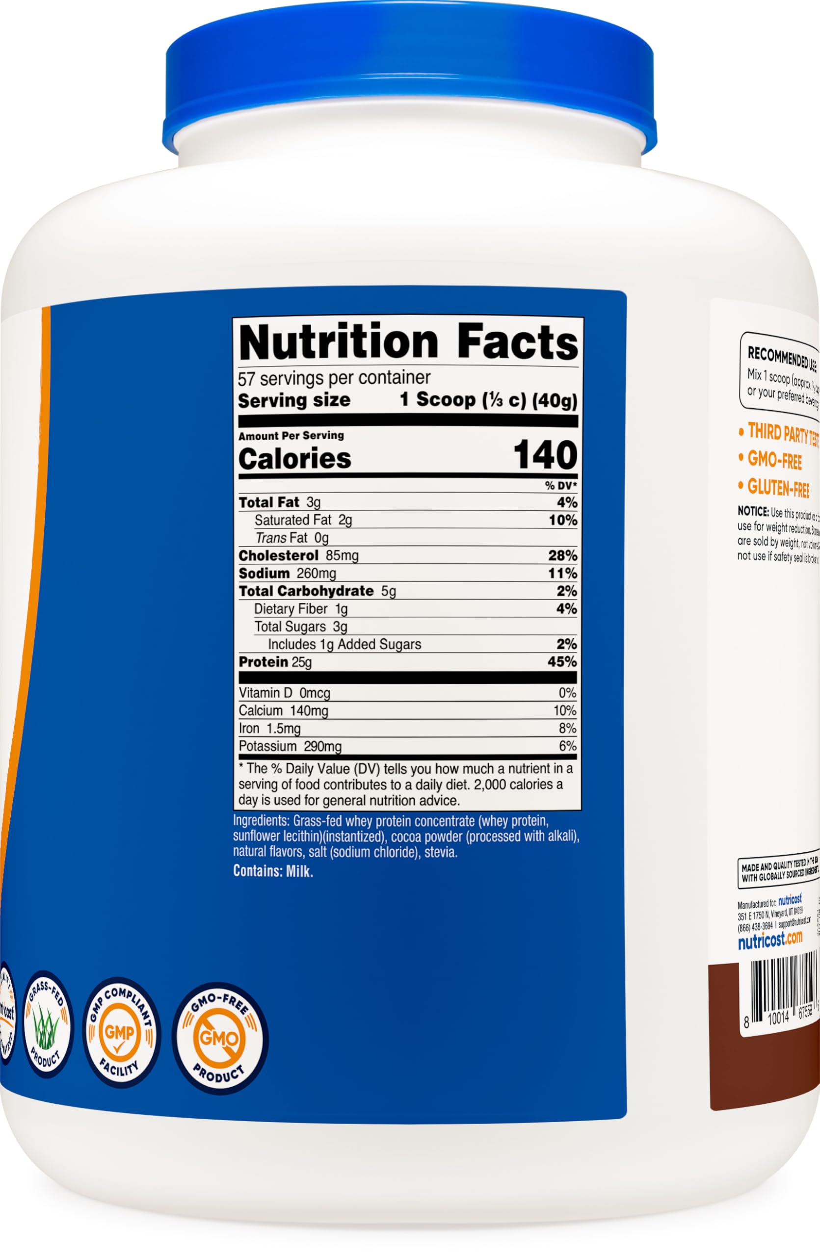 Nutricost Grass-Fed Whey Concentrate Chocolate nutrition facts panel highlights gluten-free and non-GMO features
